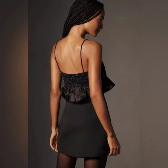 NWT Anthropologie Black Beaded Satin Crop Top Medium - Picture 6 of 8